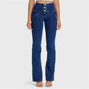 WRUP Denim - High Waisted - Bell Bottom Flare - Dark Blue + Yellow Stitching