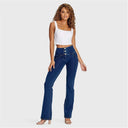 WRUP Denim - High Waisted - Bell Bottom Flare - Dark Blue + Yellow Stitching