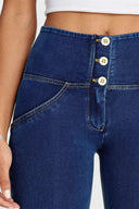 WRUP Denim - High Waisted - Bell Bottom Flare - Dark Blue + Yellow Stitching