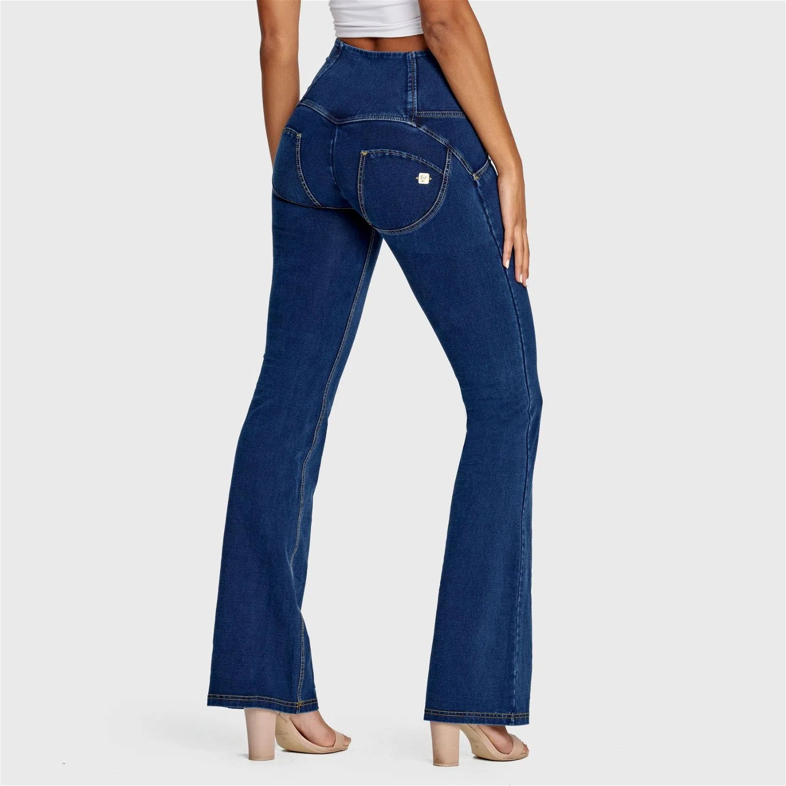 WRUP Denim - High Waisted - Bell Bottom Flare - Dark Blue + Yellow Stitching 1