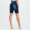 WRUP Denim - High Waisted - Biker Shorts - Dark Blue + Blue Stitching