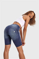 WRUP Denim - High Waisted - Biker Shorts - Dark Blue + Blue Stitching