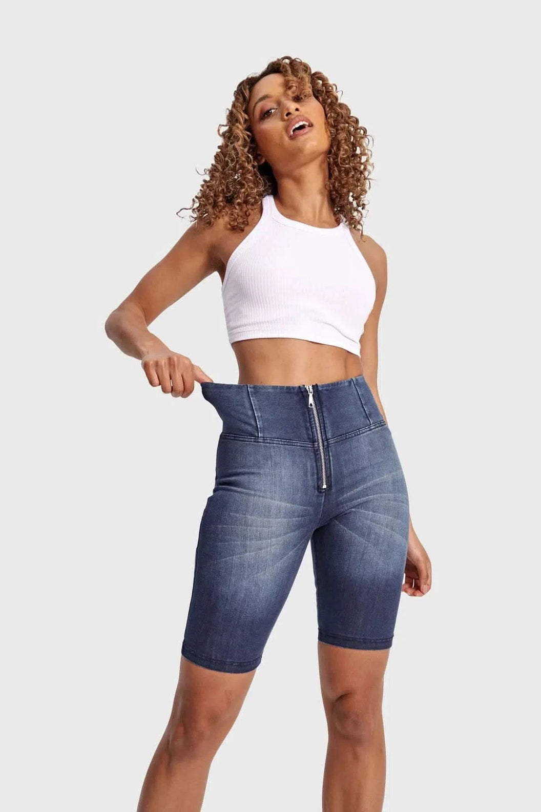 WRUP Denim - High Waisted - Biker Shorts - Dark Blue + Blue Stitching