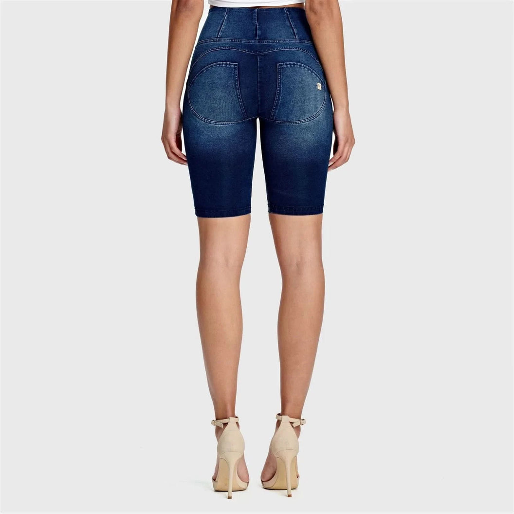 WRUP Denim - High Waisted - Biker Shorts - Dark Blue + Blue Stitching