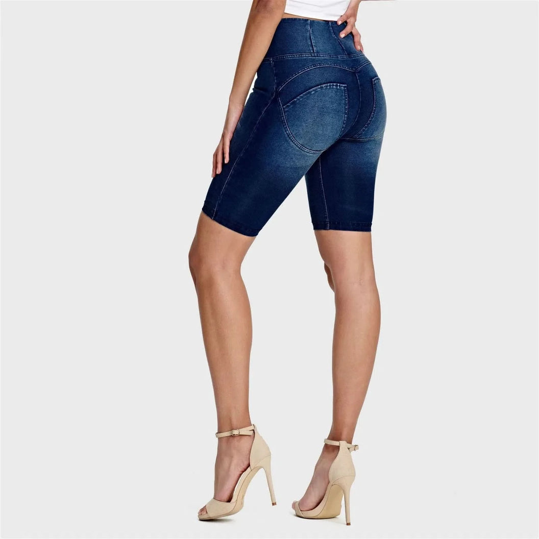 WRUP Denim - High Waisted - Biker Shorts - Dark Blue + Blue Stitching