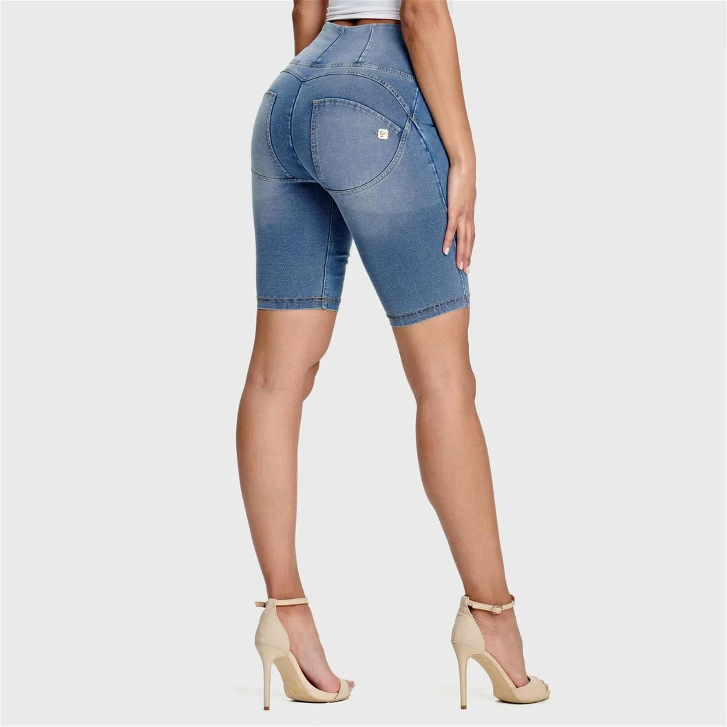 WRUP Denim - High Waisted - Biker Shorts - Light Blue + Yellow Stitching