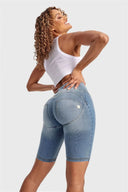 WRUP Denim - High Waisted - Biker Shorts - Light Blue + Yellow Stitching