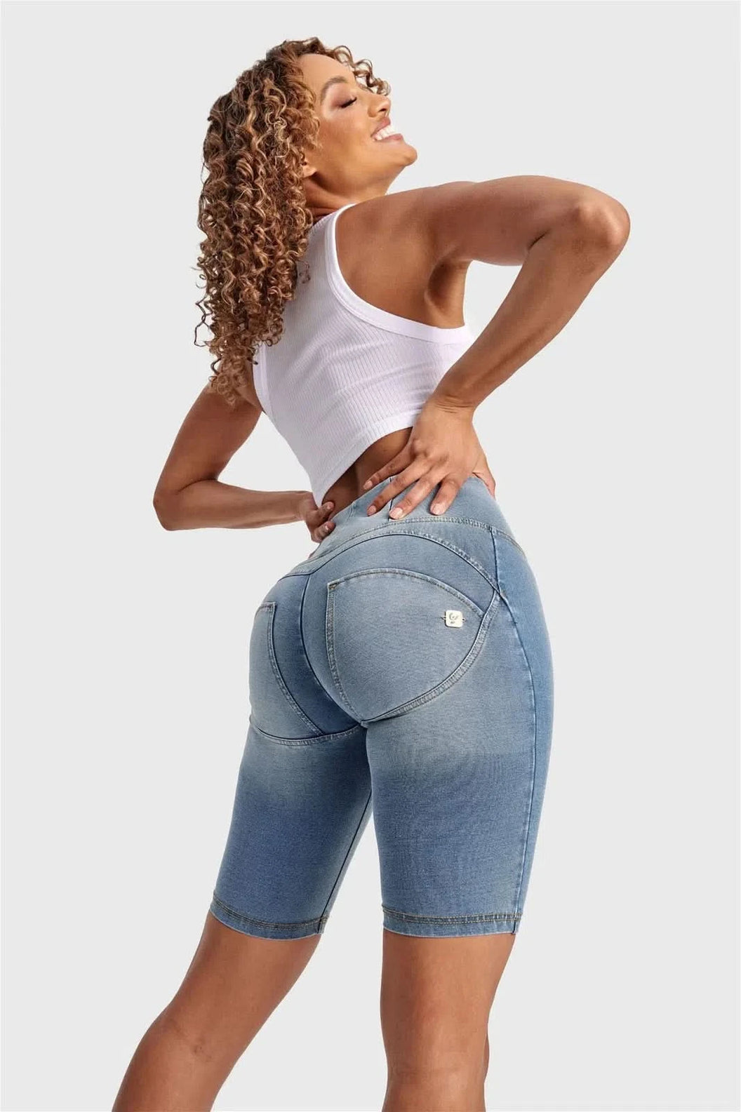 WRUP Denim - High Waisted - Biker Shorts - Light Blue + Yellow Stitching