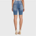 WRUP Denim - High Waisted - Biker Shorts - Light Blue + Yellow Stitching