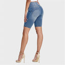 WRUP Denim - High Waisted - Biker Shorts - Light Blue + Yellow Stitching