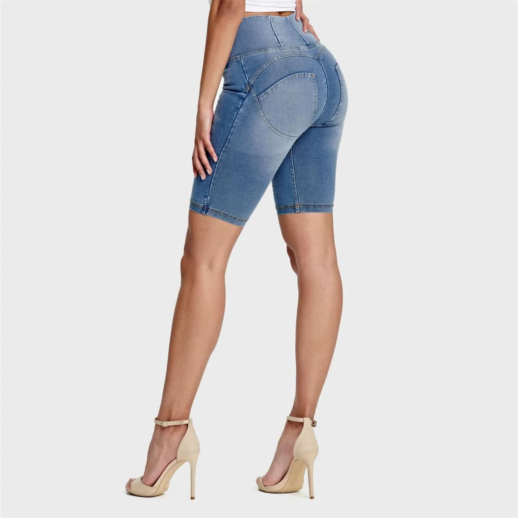 WRUP Denim - High Waisted - Biker Shorts - Light Blue + Yellow Stitching