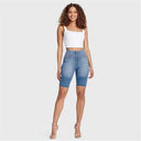 WRUP Denim - High Waisted - Biker Shorts - Light Blue + Yellow Stitching