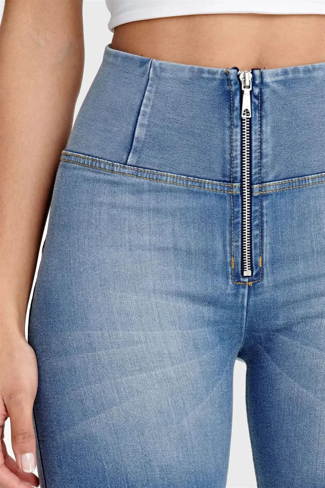 WRUP Denim - High Waisted - Biker Shorts - Light Blue + Yellow Stitching