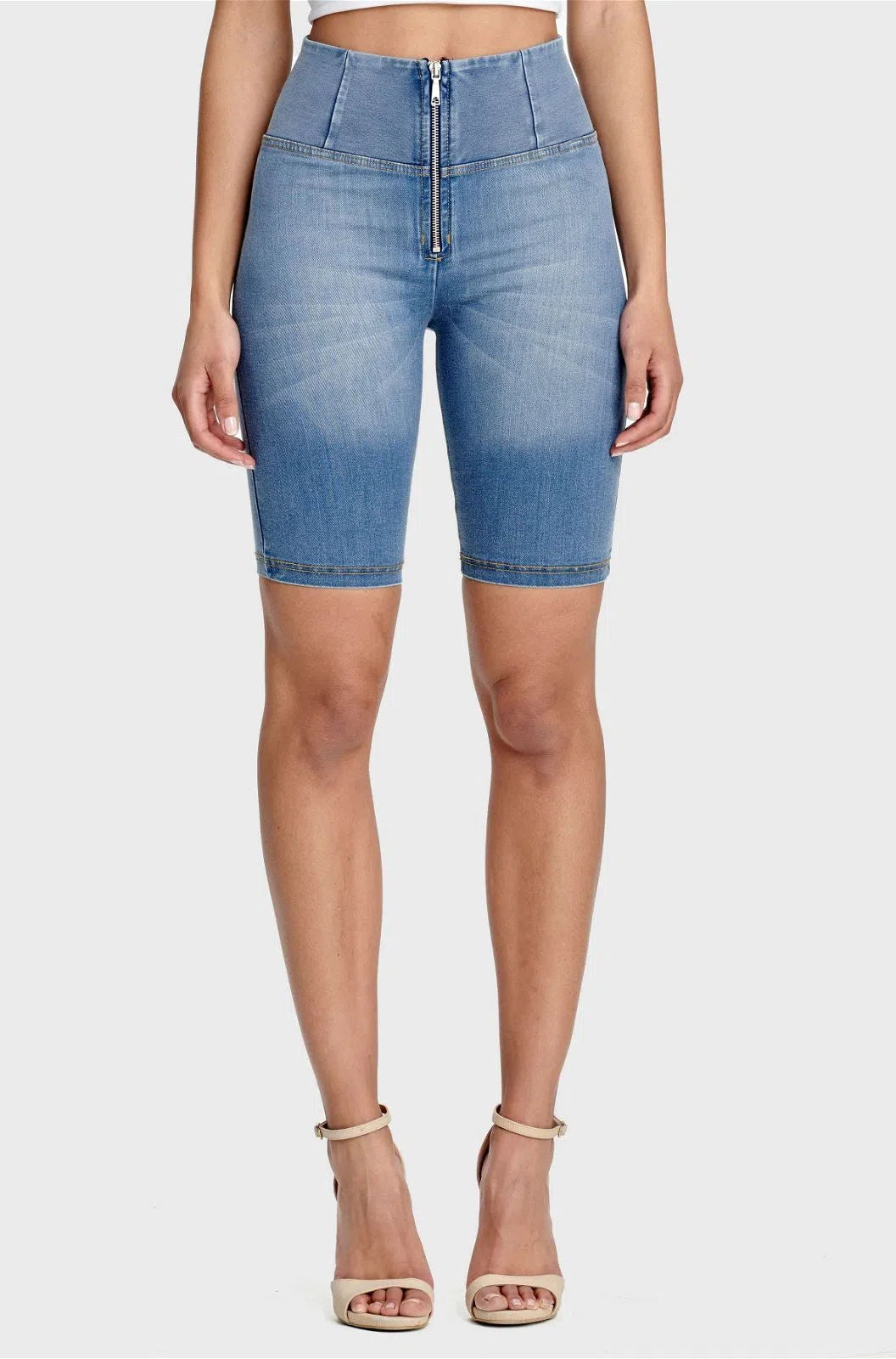 WRUP Denim - High Waisted - Biker Shorts - Light Blue + Yellow Stitching