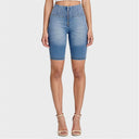 WRUP Denim - High Waisted - Biker Shorts - Light Blue + Yellow Stitching