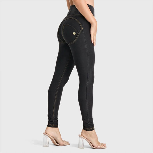 WRUP Denim - High Waisted - Full Length - Black + Yellow Stitching
