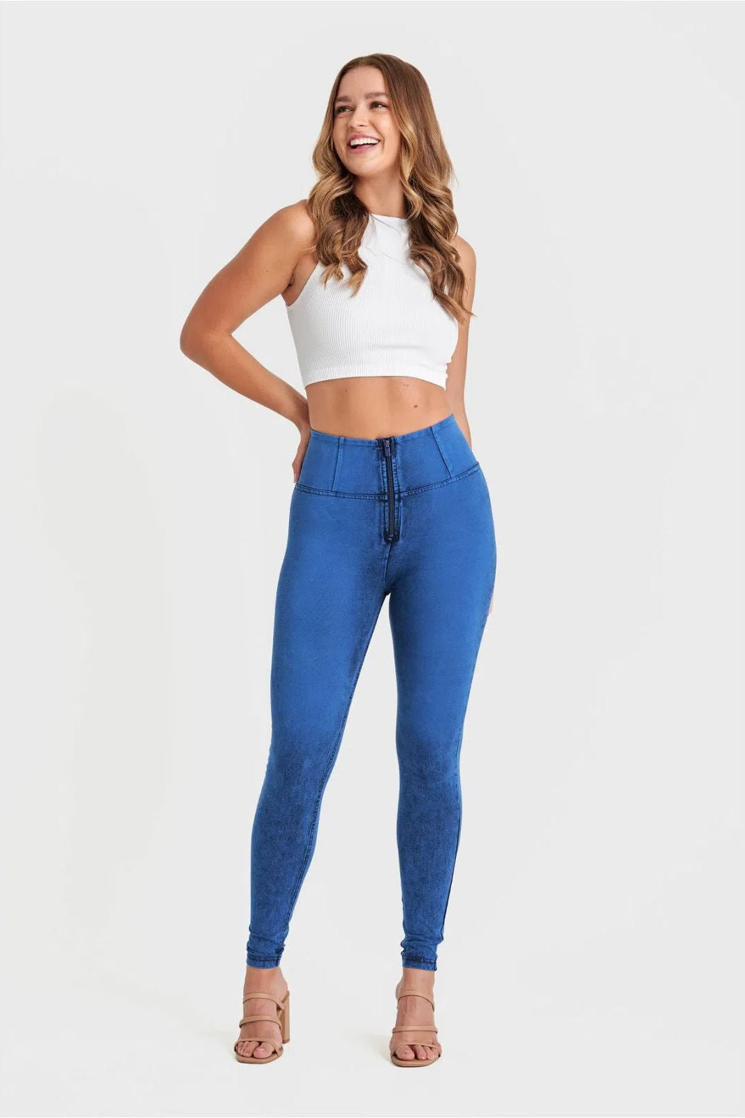 WRUP Denim - High Waisted - Full Length - Cobalt Blue + Blue Stitching 3