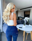 WRUP Denim - High Waisted - Full Length - Dark Blue + Blue Stitching