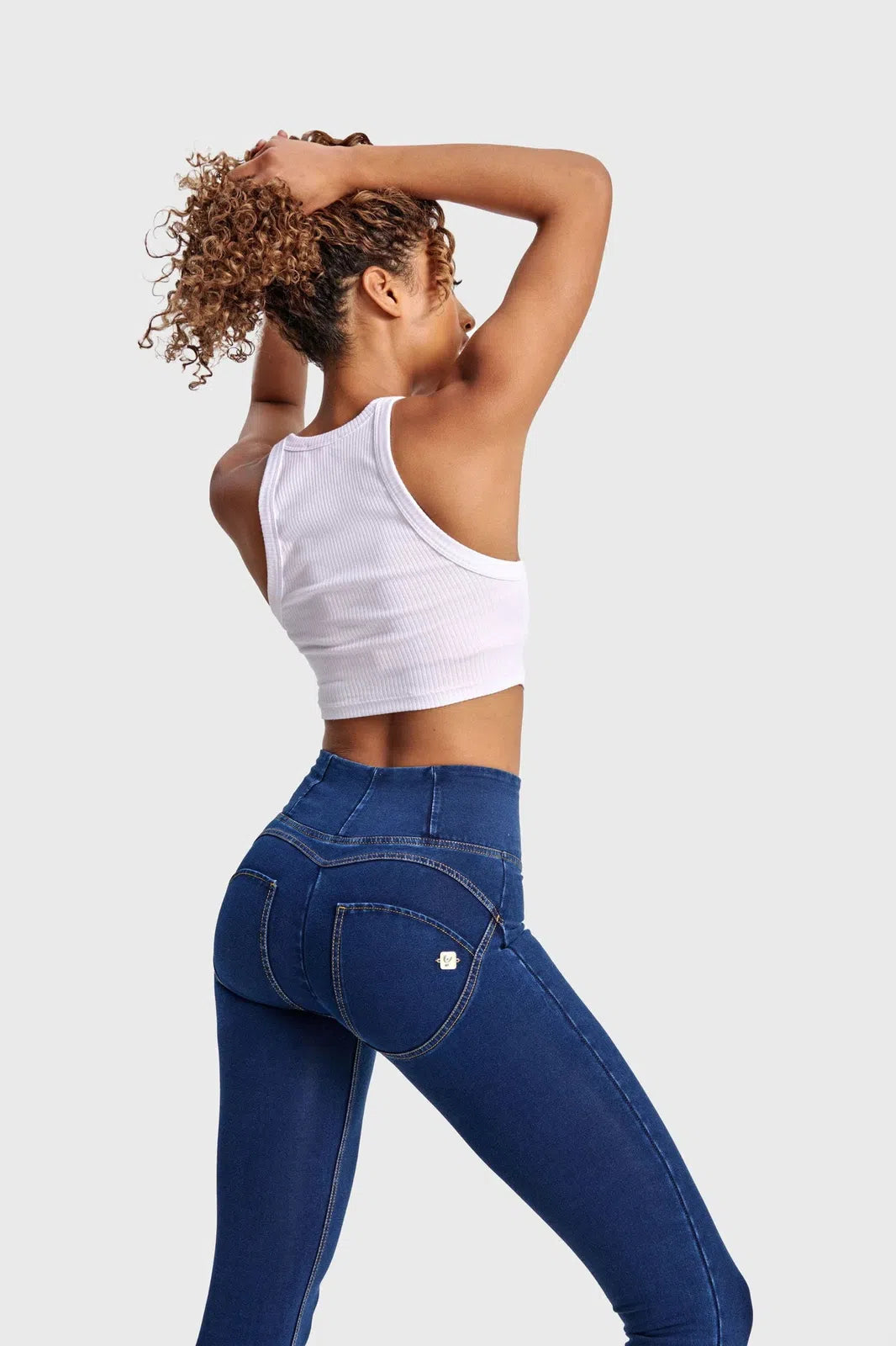 WRUP Denim - High Waisted - Full Length - Dark Blue + Yellow Stitching 2