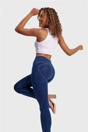 WRUP Denim - High Waisted - Full Length - Dark Blue + Yellow Stitching