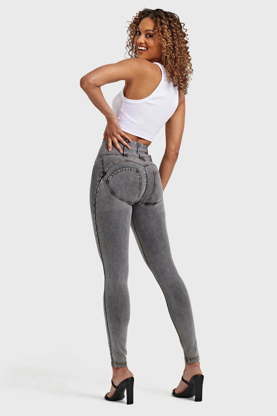 WRUP Denim - High Waisted - Full Length - Grey + Yellow Stitching 2