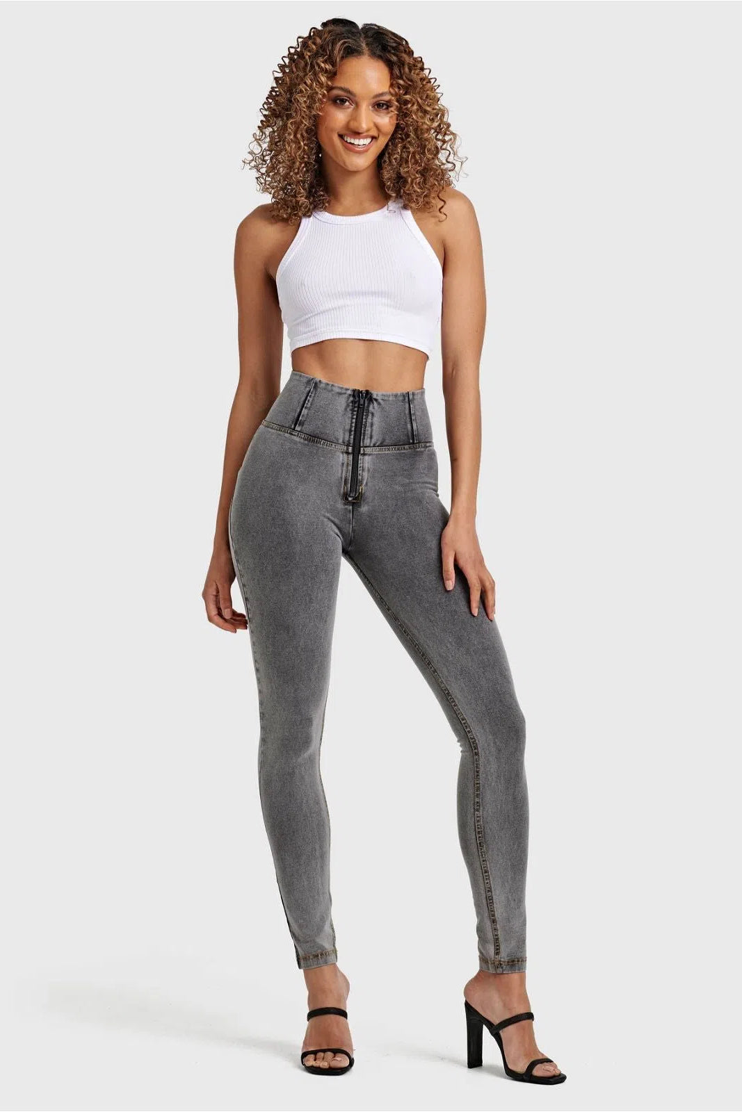 WRUP Denim - High Waisted - Full Length - Grey + Yellow Stitching 3