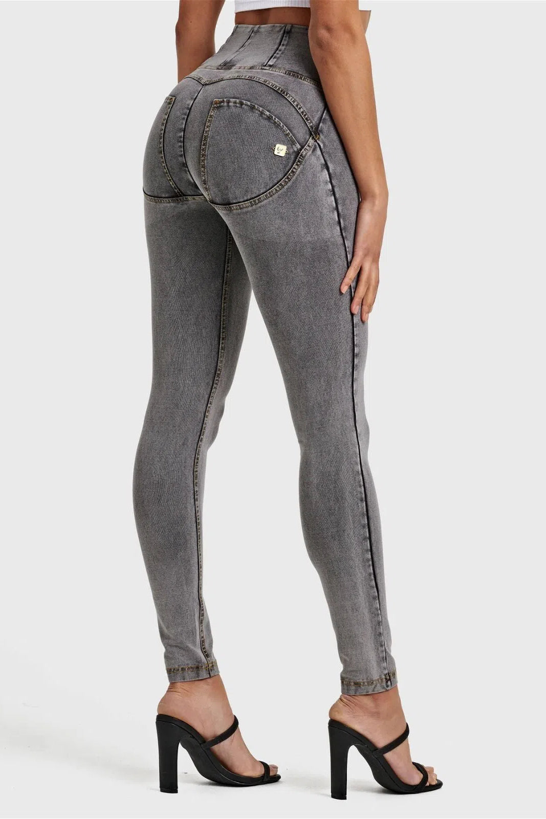 WRUP Denim - High Waisted - Full Length - Grey + Yellow Stitching 1