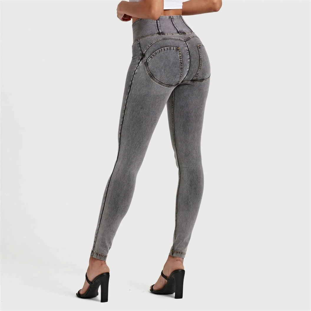 WRUP Denim - High Waisted - Full Length - Grey + Yellow Stitching