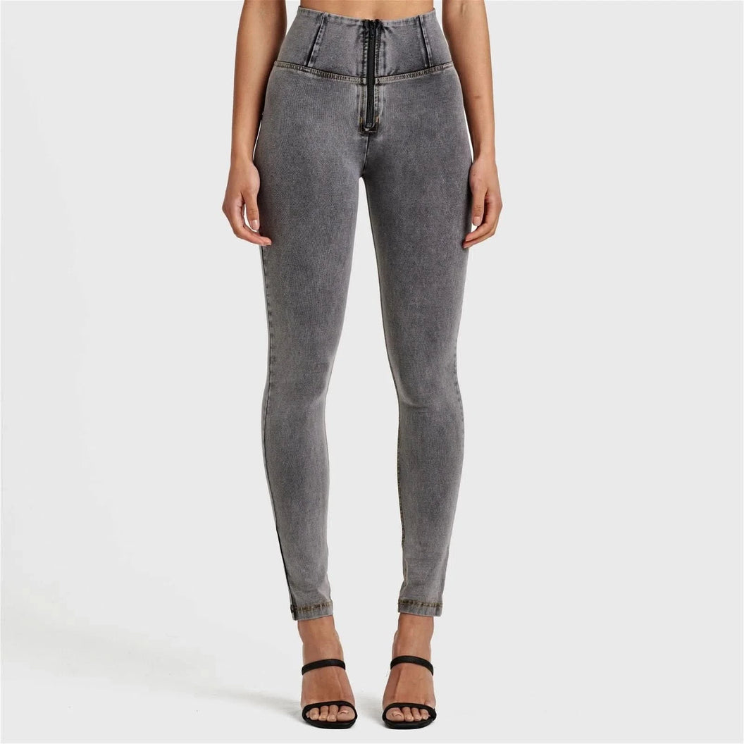 WRUP Denim - High Waisted - Full Length - Grey + Yellow Stitching
