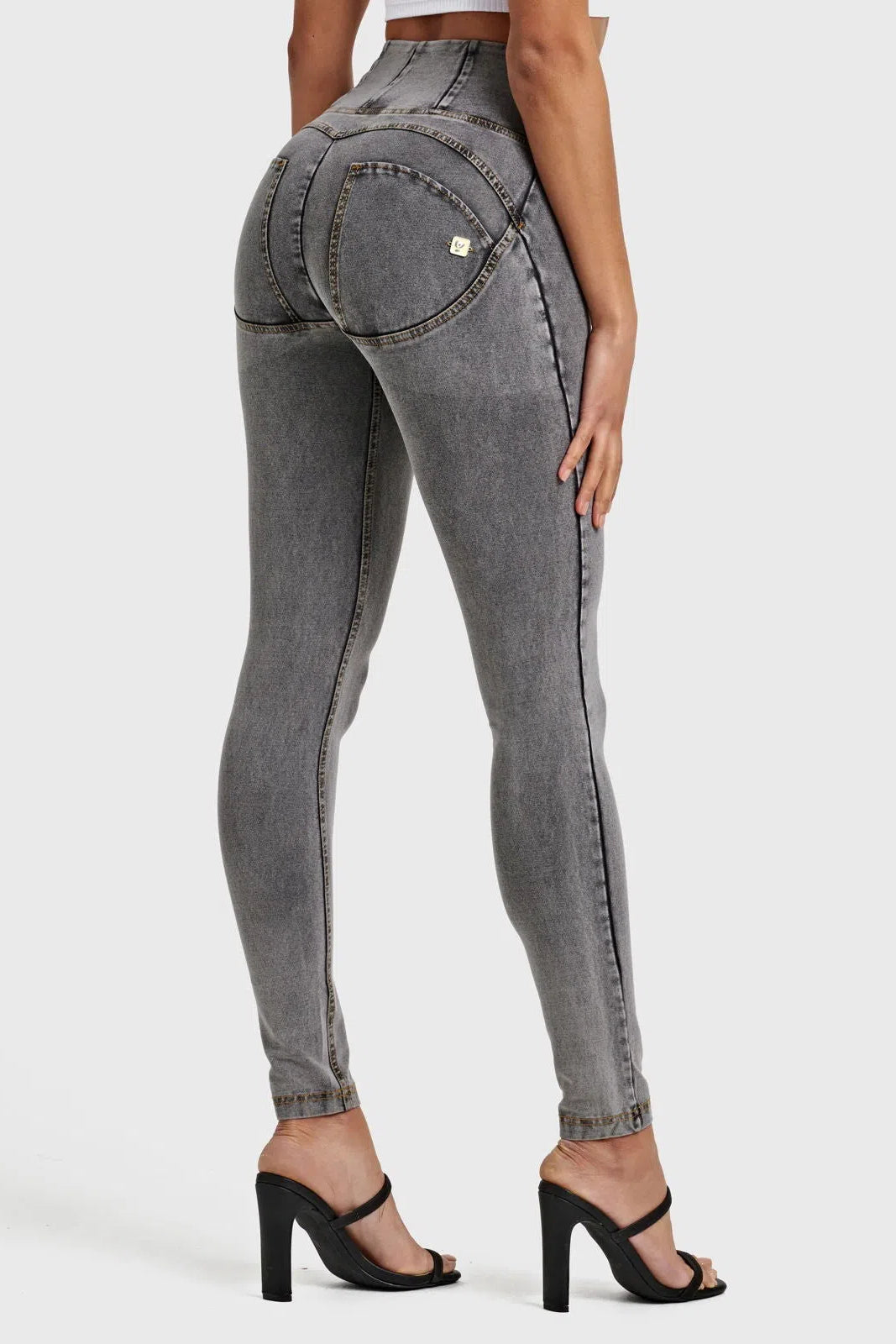 WRUP Denim - High Waisted - Full Length - Grey + Yellow Stitching 1