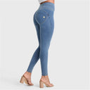 WRUP Denim - High Waisted - Full Length - Light Blue + Yellow Stitching