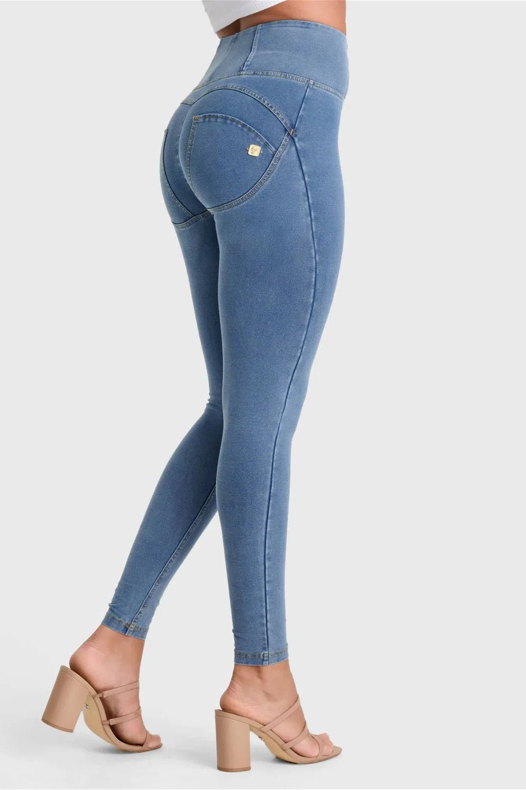 WRUP Denim - High Waisted - Full Length - Light Blue + Yellow Stitching 2