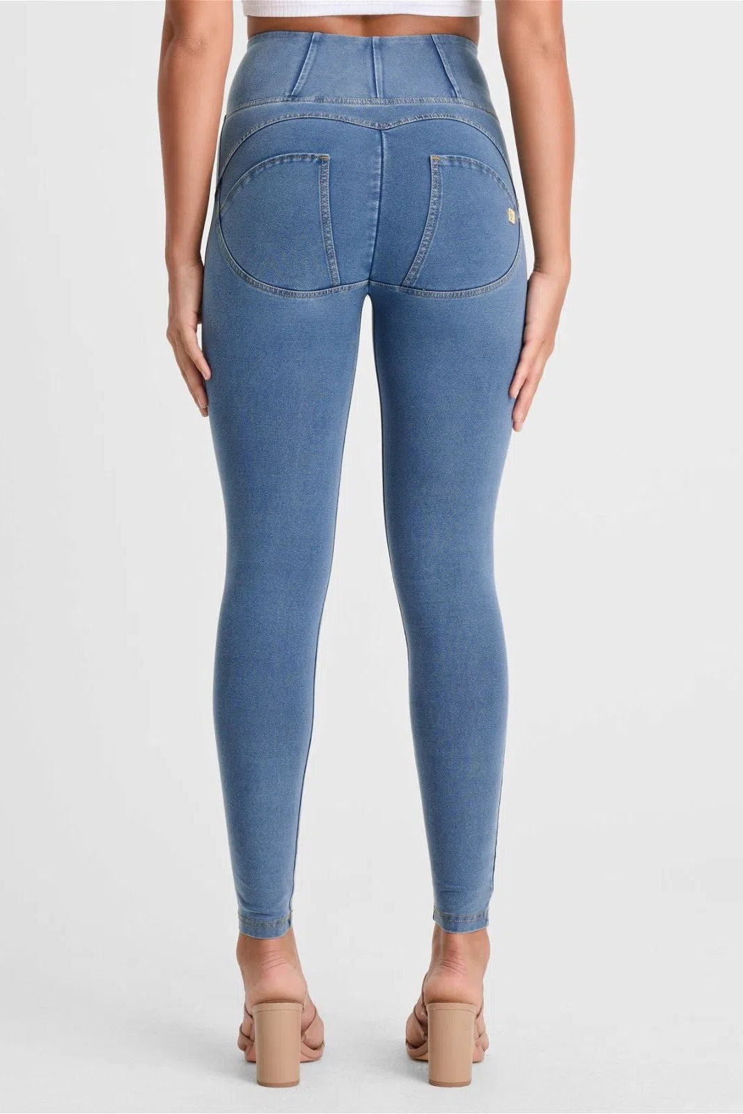 WRUP Denim - High Waisted - Full Length - Light Blue + Yellow Stitching 3