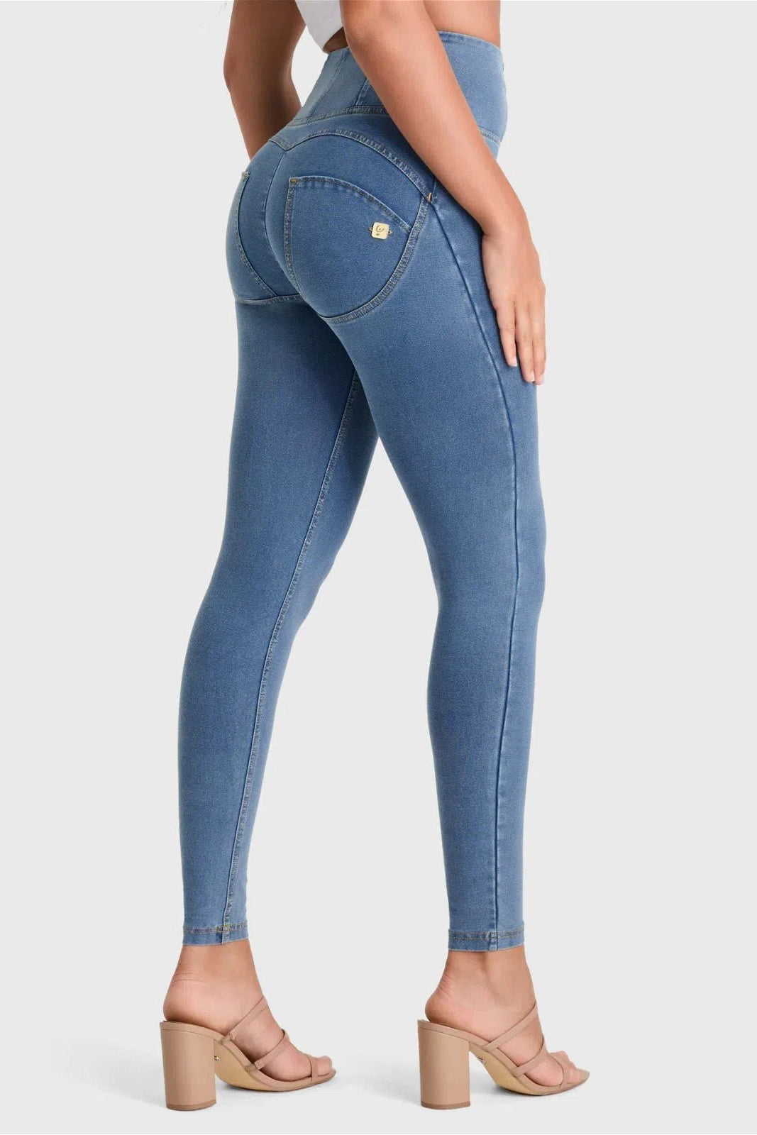 WRUP Denim - High Waisted - Full Length - Light Blue + Yellow Stitching 1