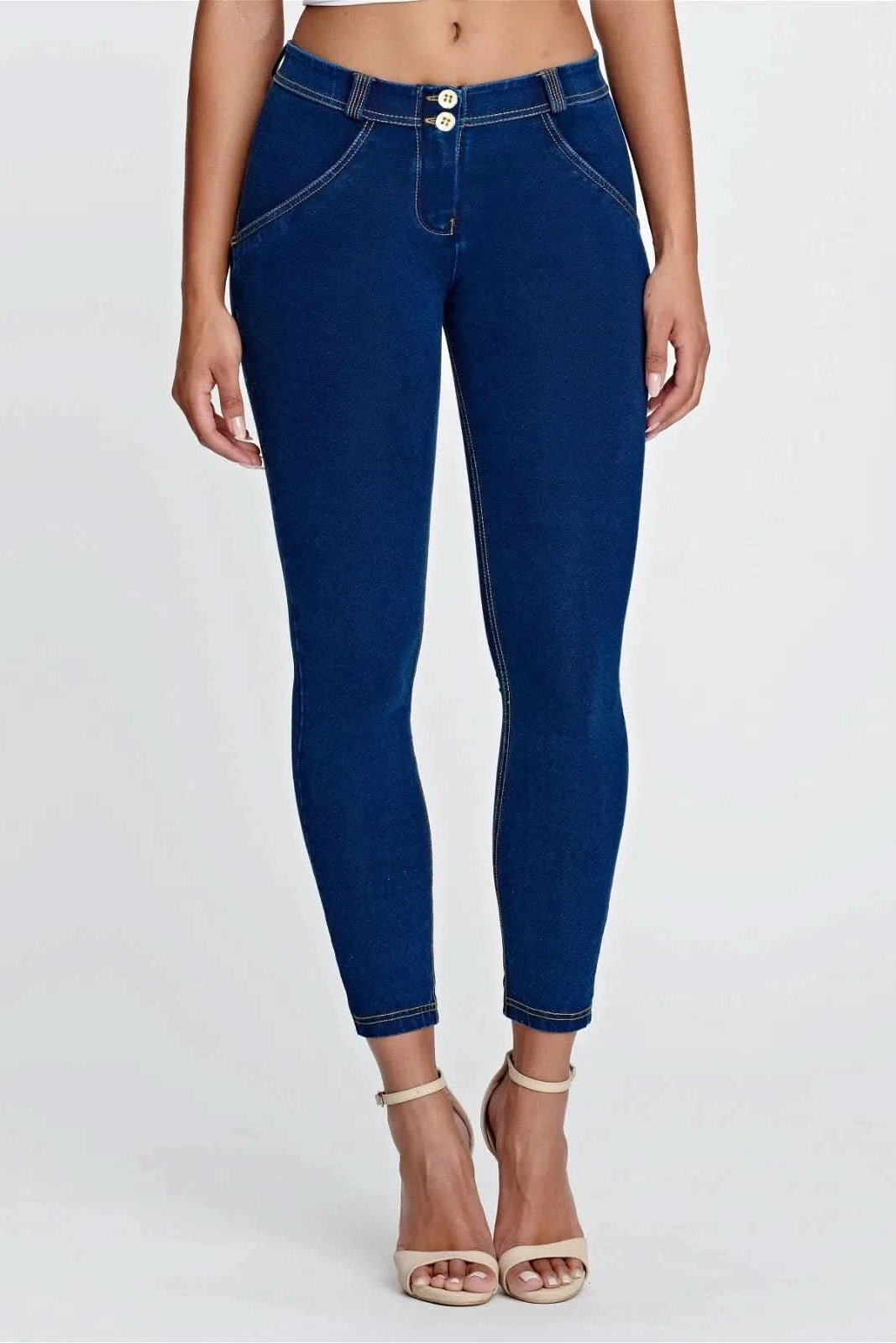 WRUP Denim - Mid Rise - 7/8 Length - Dark Blue + Yellow Stitching 2