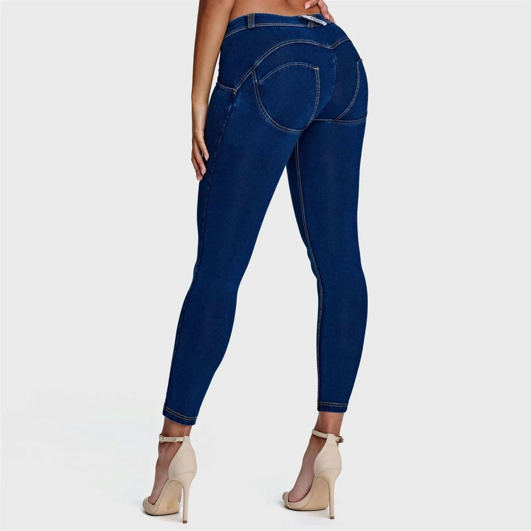 WRUP Denim - Mid Rise - 7/8 Length - Dark Blue + Yellow Stitching