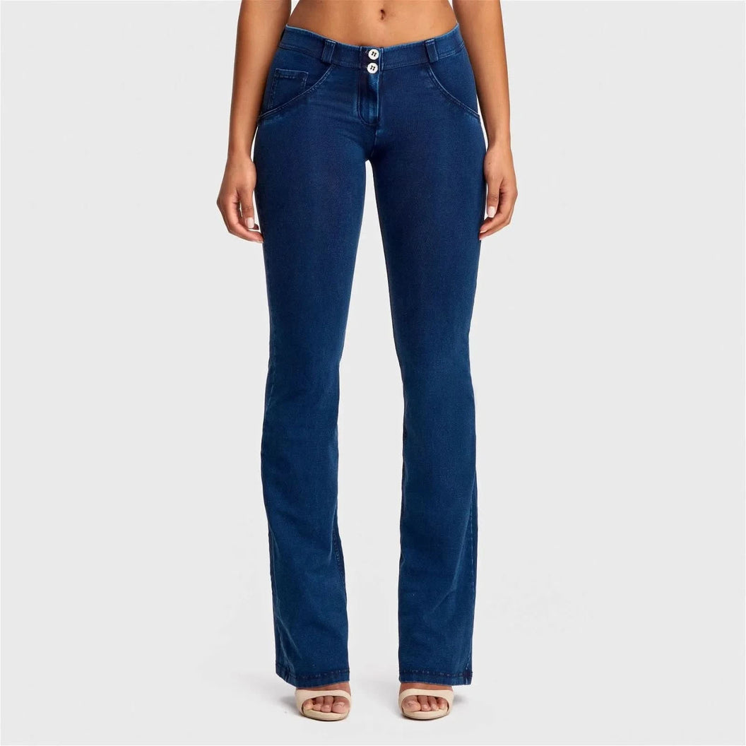 WRUP Denim - Mid Rise - Bell Bottom Flare - Dark Blue + Blue Stitching