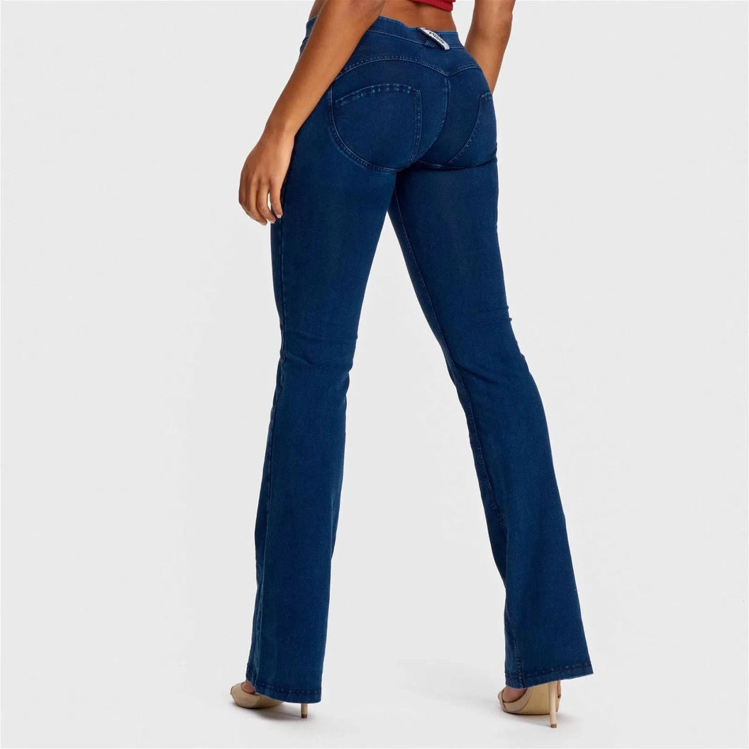 WRUP Denim - Mid Rise - Bell Bottom Flare - Dark Blue + Blue Stitching