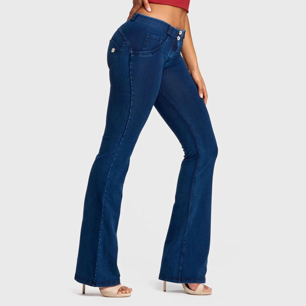 WRUP Denim - Mid Rise - Bell Bottom Flare - Dark Blue + Blue Stitching