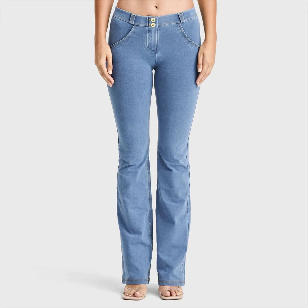 WRUP Denim - Mid Rise - Bell Bottom Flare - Light Blue + Yellow Stitching