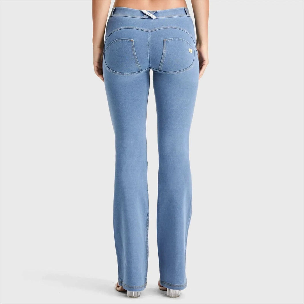 WRUP Denim - Mid Rise - Bell Bottom Flare - Light Blue + Yellow Stitching