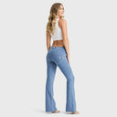 WRUP Denim - Mid Rise - Bell Bottom Flare - Light Blue + Yellow Stitching