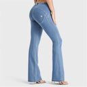 WRUP Denim - Mid Rise - Bell Bottom Flare - Light Blue + Yellow Stitching