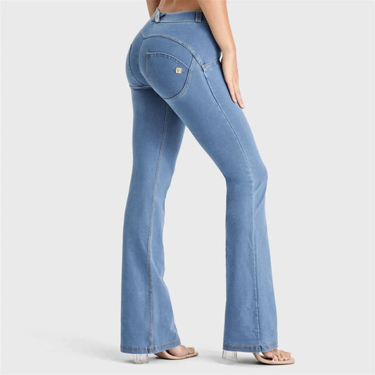 WRUP Denim - Mid Rise - Bell Bottom Flare - Light Blue + Yellow Stitching