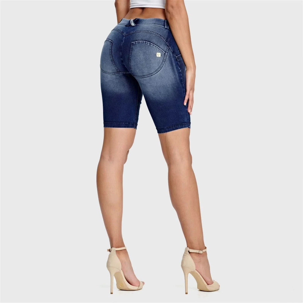 WRUP Denim - Mid Rise - Biker Shorts - Dark Blue + Blue Stitching