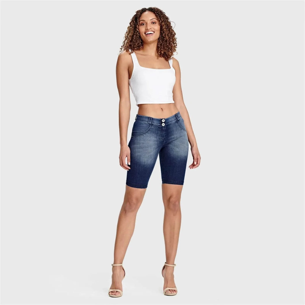 WRUP Denim - Mid Rise - Biker Shorts - Dark Blue + Blue Stitching