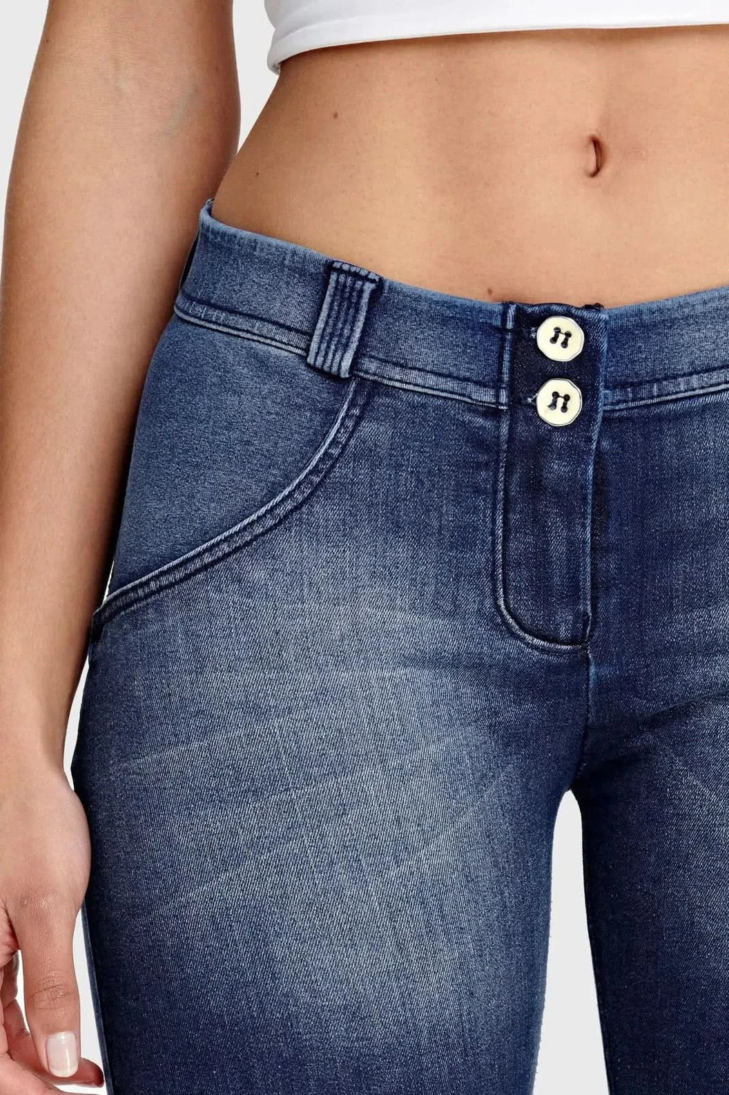 WRUP Denim - Mid Rise - Biker Shorts - Dark Blue + Blue Stitching