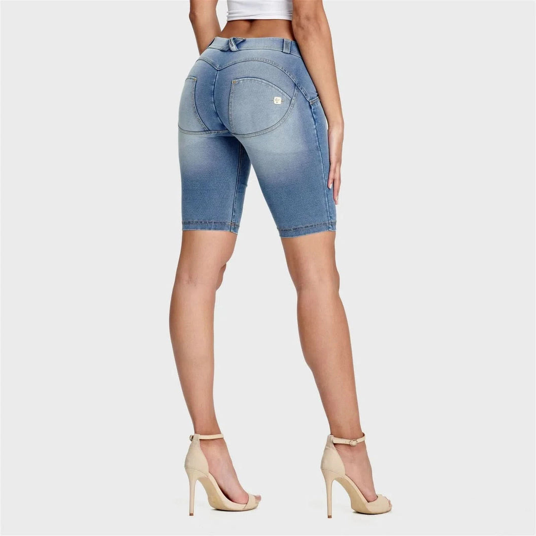 WRUP Denim - Mid Rise - Biker Shorts - Light Blue + Yellow Stitching