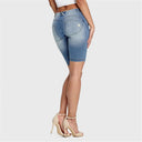 WRUP Denim - Mid Rise - Biker Shorts - Light Blue + Yellow Stitching