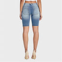 WRUP Denim - Mid Rise - Biker Shorts - Light Blue + Yellow Stitching